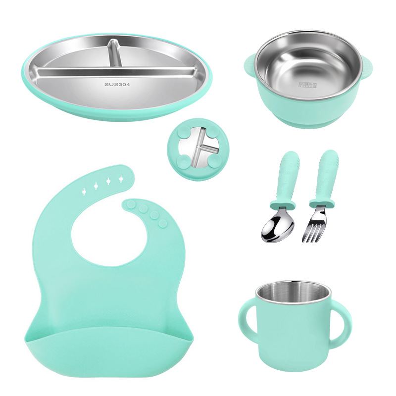 Placa de comedor de acero inoxidable para niños, taza de agua de silicona binaural, taza para beber para bebés de grado alimenticio