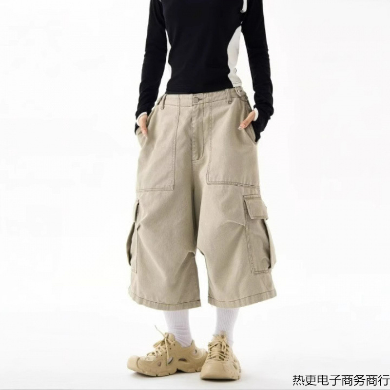 2025 American Multi-Pocket Cropped Pants for Men Summer New Loose High-End Wide-Leg Denim Work Casual Pants