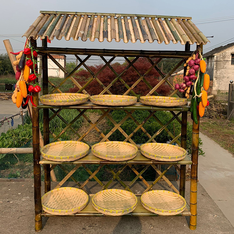 农家乐土货架落地式茶叶架架子复古架竹货架土特产饰品店土产茶叶