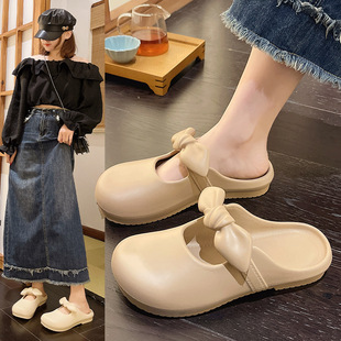 2024 Summer Fashion Baotou Slippers Women's Outer Wear Single Shoes Soft Sole Lazy Shoes Bucken Bow Hole Shoes Women