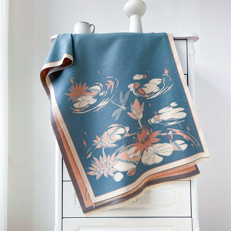Kashmirhandkänsla för kvinnor, höst och vinter kinesisk stil lotusdamm varm imiterad kashmirhalsduk, tjock dubbelsidig_voghion.com
