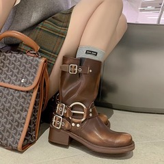 新款短靴女春秋复古西部牛仔靴子女长筒靴皮带扣马丁靴套筒骑士靴