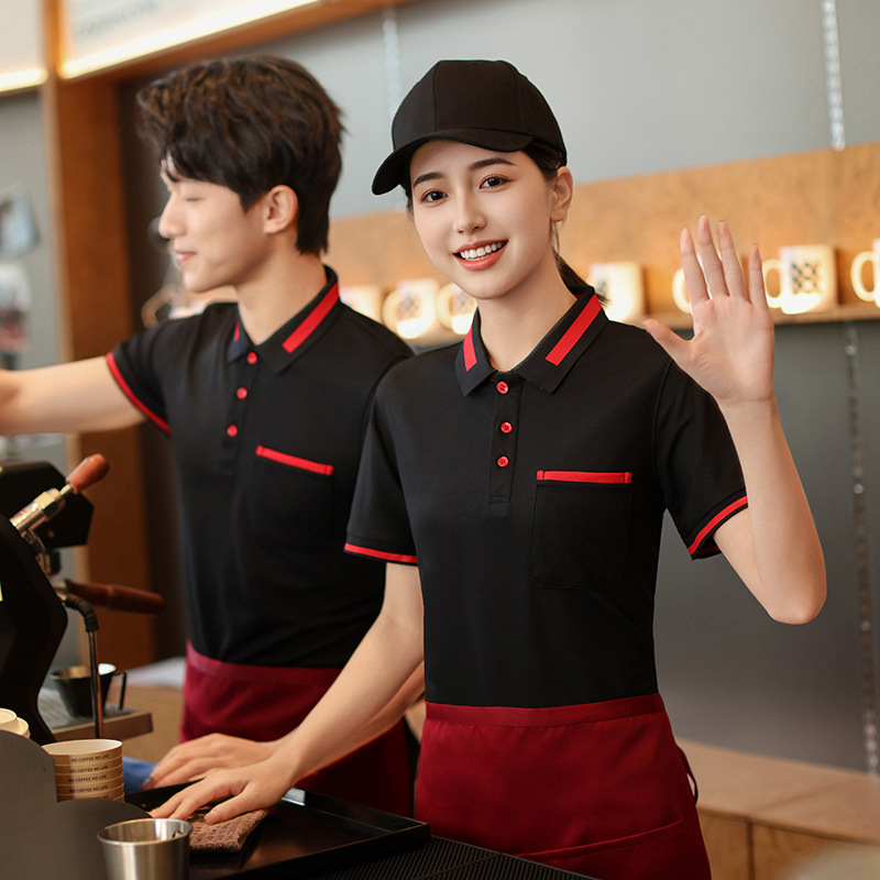 服务员女工作服T恤夏季餐饮饭店烧烤奶茶店翻领工装短袖定制刺绣