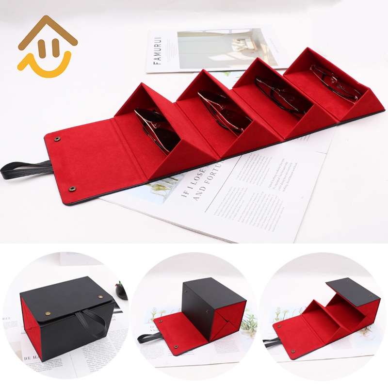 新款四連盒多格眼鏡盒時尚便攜折疊眼鏡收納盒pu皮革多副太陽鏡盒