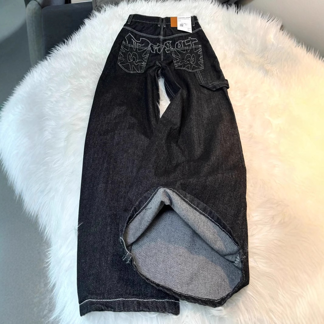 大码美式复古高街牛仔裤新款直筒印花刺绣设计宽松百搭阔腿长裤子