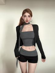 辣妹复古显瘦条纹抹胸系脖防晒开衫撞色短裤夏套装女