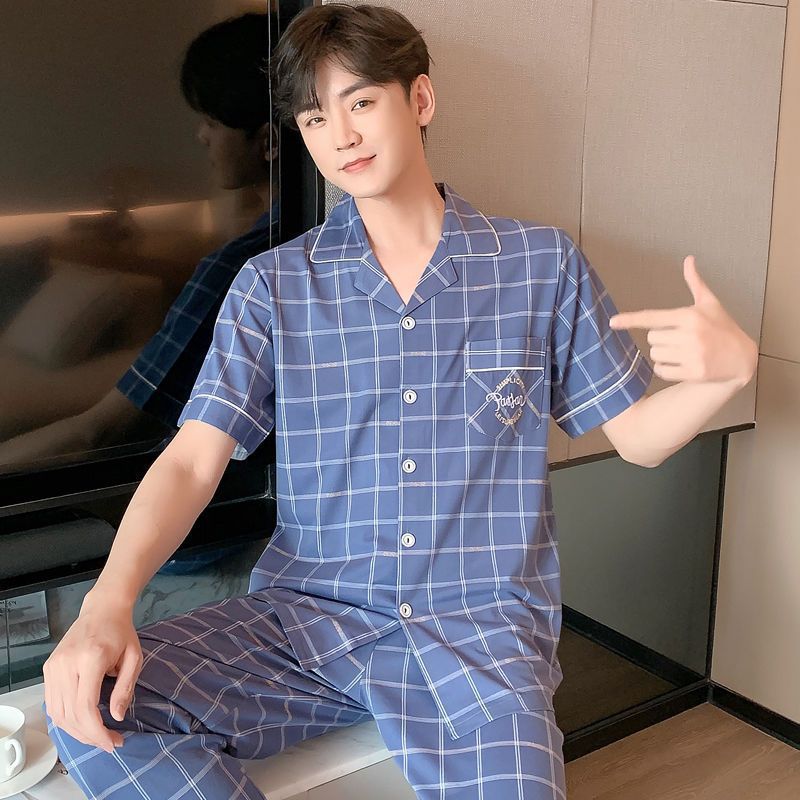 100% pijamas de algodón para hombres de verano de manga larga y corta para hombres delgados jóvenes y de mediana edad más el tamaño de primavera y otoño traje de uso en el hogar