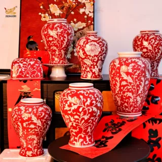 高货青花瓷陶瓷花瓶中古高级感侘寂风复古摆件红色中式新年插花瓶
