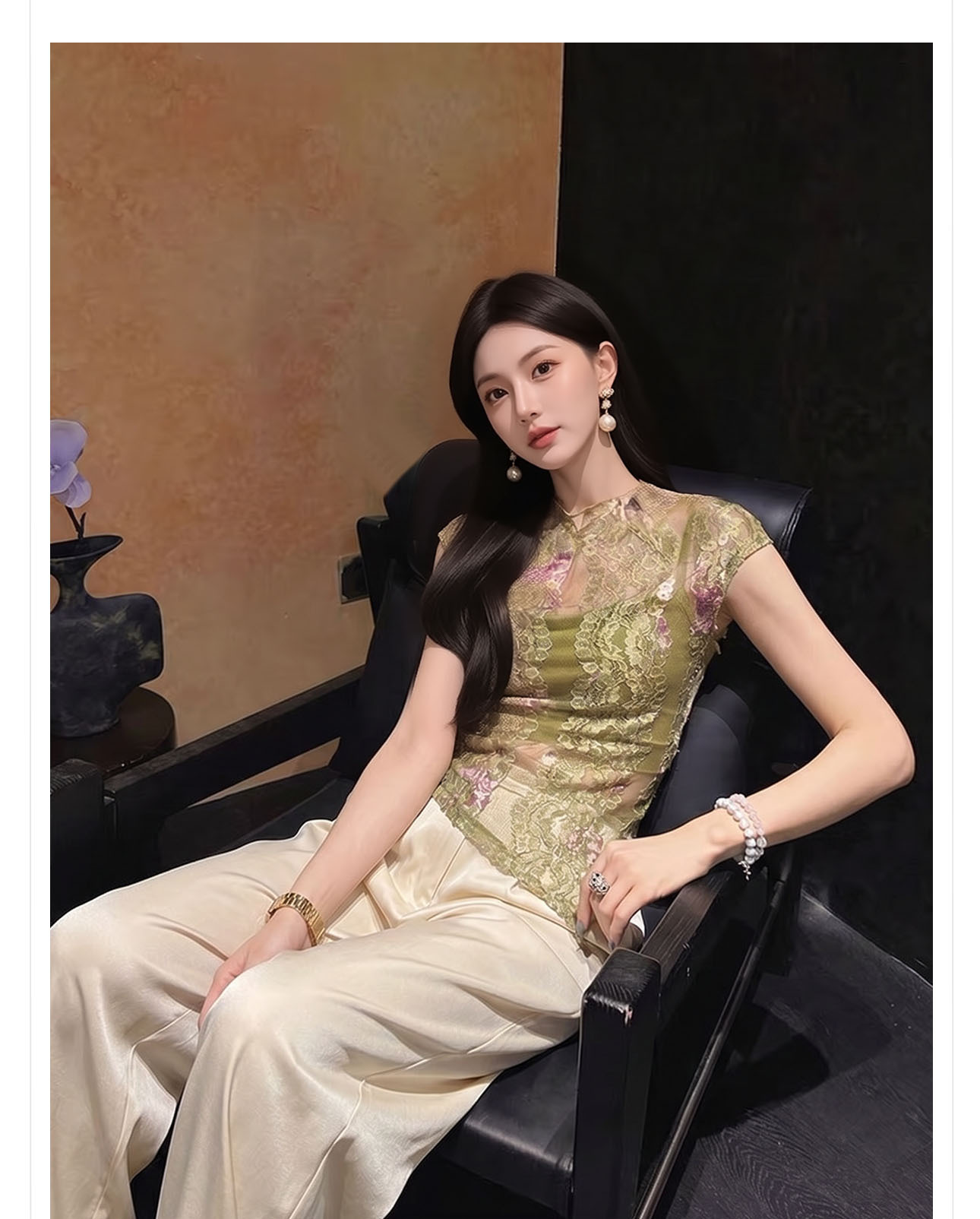 Áo sơ mi dài tay nữ phong cách Tân Trung Hoa, họa tiết in thắt nút ren — Đỏ cam, Trắng nguyệt chi tiết 2