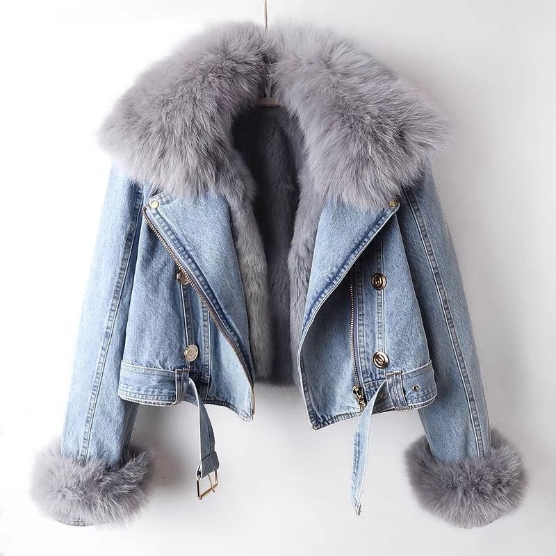 2025 Autumn/Winter New Detachable Faux Fox Fur Rabbit Fur Lined Denim Jacket Women's Short Parka