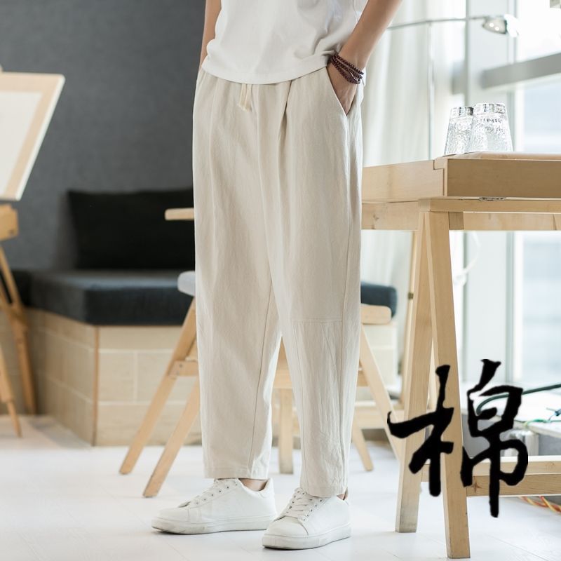 Pantalones, pantalones casuales para hombre, pantalones de lino finos de primavera y otoño, pantalones anchos sueltos rectos, pantalones deportivos de algodón y lino de verano