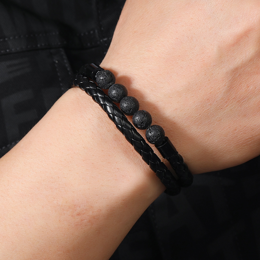 21g Weight Bangle Classification Pu Leather Chain Material 1 Piece Quantity Daily Occasion Pu Leather, Alloy Material Geometric Pattern All Seasons Season Men's Gender Beaded, Handmade Design Vintage Style, Punk Style Vintage Style Punk Geometric Pu Leather Alloy Beaded Handmade Men's Bangle Men Cord & Leather Bracelets 18