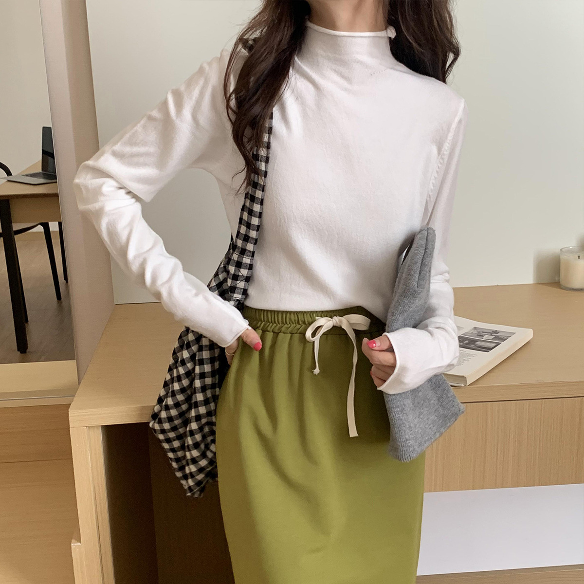 Slim Solid Color Long-Sleeved Small High-Necked Top NSFYF85669