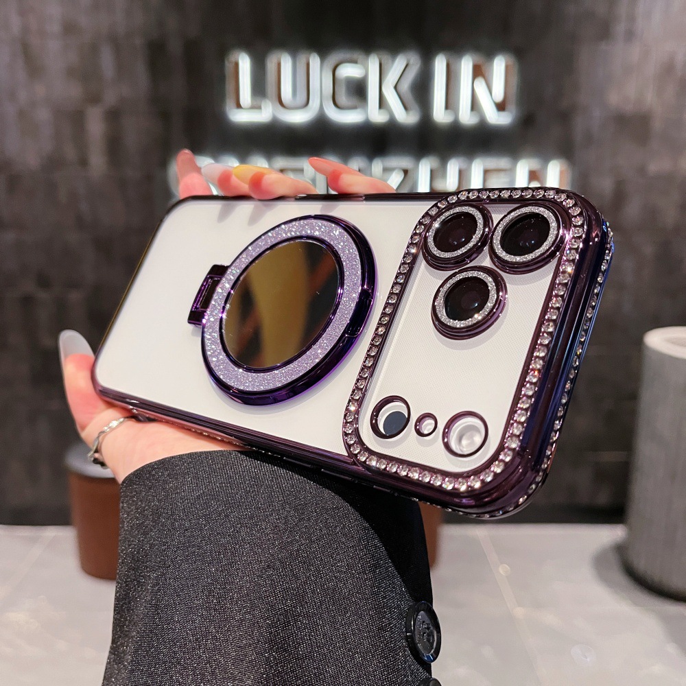 Square Diamond + Glitter Ring Mirror Stand Suitable 17 Pro Max Phone Case, New Model For IPhone 16/15/14_voghion.com