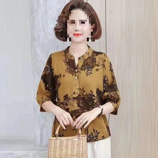 Cotton Linen Shirt Women's Summer Loose Large Size Middle-aged and Elderly Mother's Dress Half Sleeve New Style Top Flesh Covering Linen T-shirt