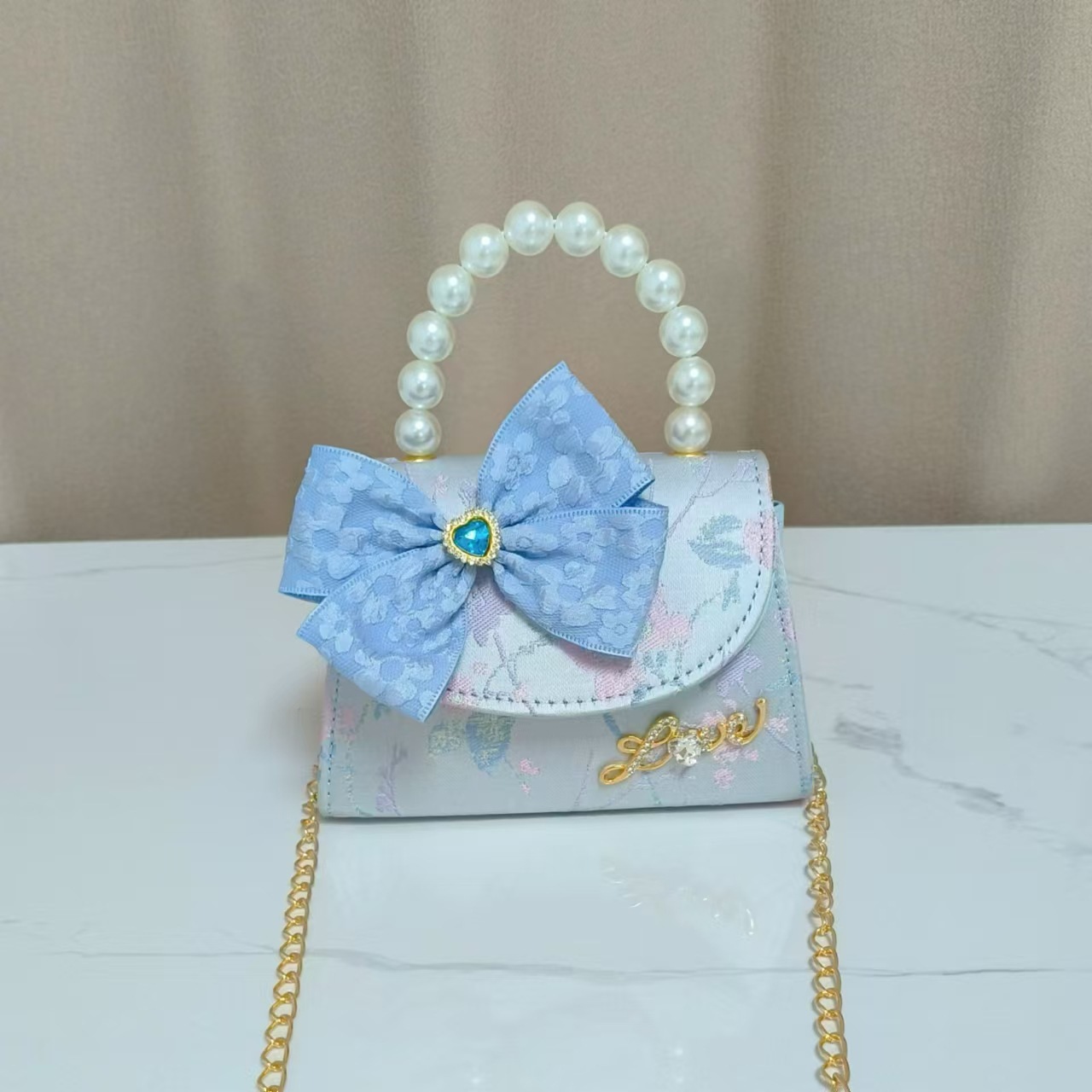 Guofeng bolso para niños, nuevo bolso de hombro de niñas, lindos bolsos de perlas de princesa, bolsos de arco, bolsos de mochila, bolsos pequeños