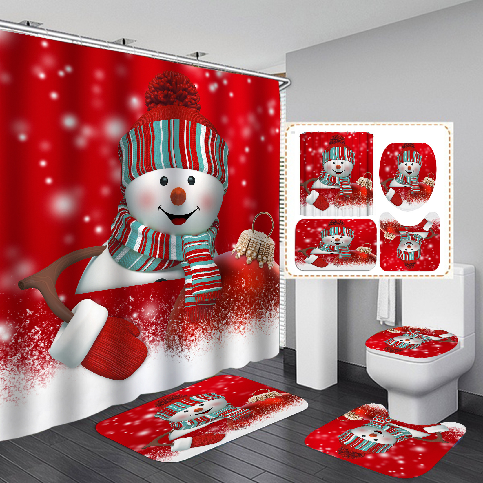 Cortina de ducha roja con decoración navideña de muñeco de nieve a cuadros, juego de cuatro piezas de cortinas de baño de poliéster impermeables y resistentes al moho.