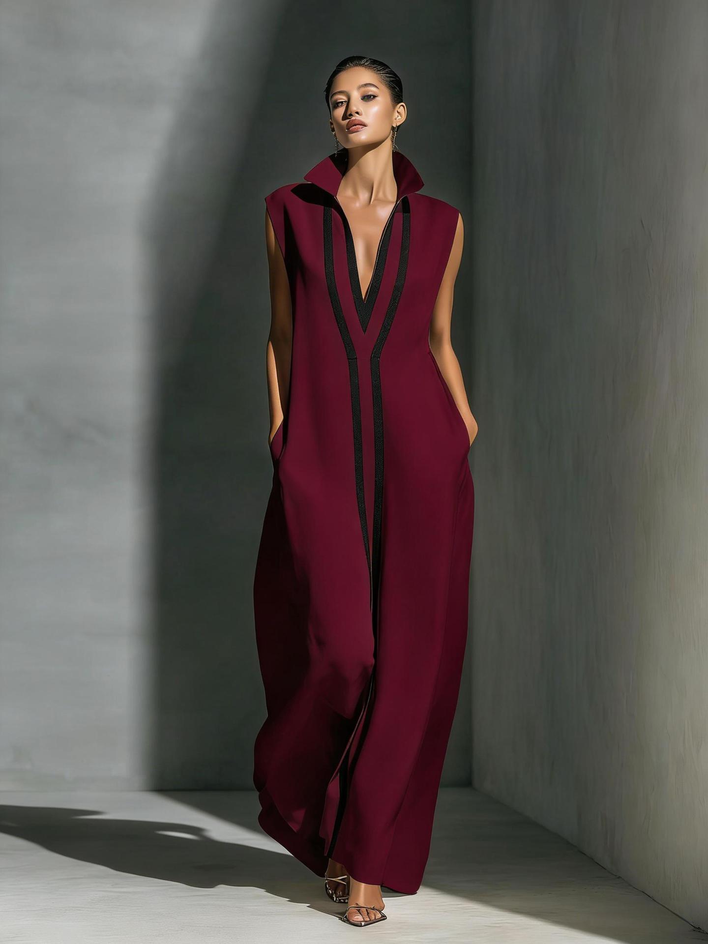 Elegant V-Neck Color-Block Casual Midi Dress For Women, Breathable Stretch A-Line Sundress For Daily Wear, Travel, And Office_ecoleips.com