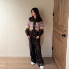 南油法式短款毛衣女薰衣草烂漫费尔岛马海毛翻领针织开衫毛衣外套