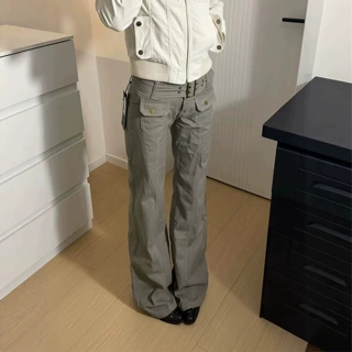 辣妹街头机能风宽松直筒拖美式复古小众设计感灰绿色工装牛仔裤女