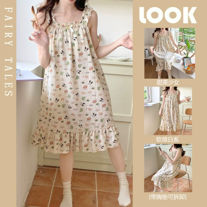 Summer pijama, thin removable cute top with cups for leisure, lifting effect