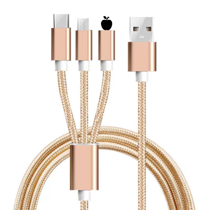 Cable tejido de nylon cable de datos de uno a tres multi-cabeza 2A carga rápida tres en uno teléfono móvil cable de carga láser talla logotipo al por mayor