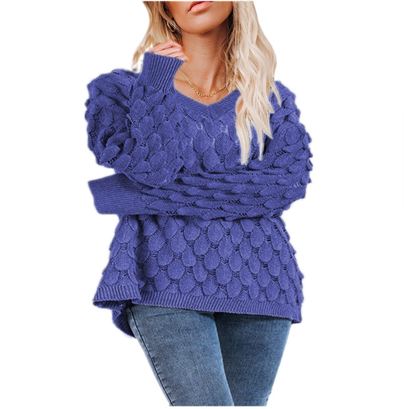 Europeo y americano invierno nuevo suéter de punto de pluma hueco cuello en V manga larga suéter femenino ventas directas de fábrica