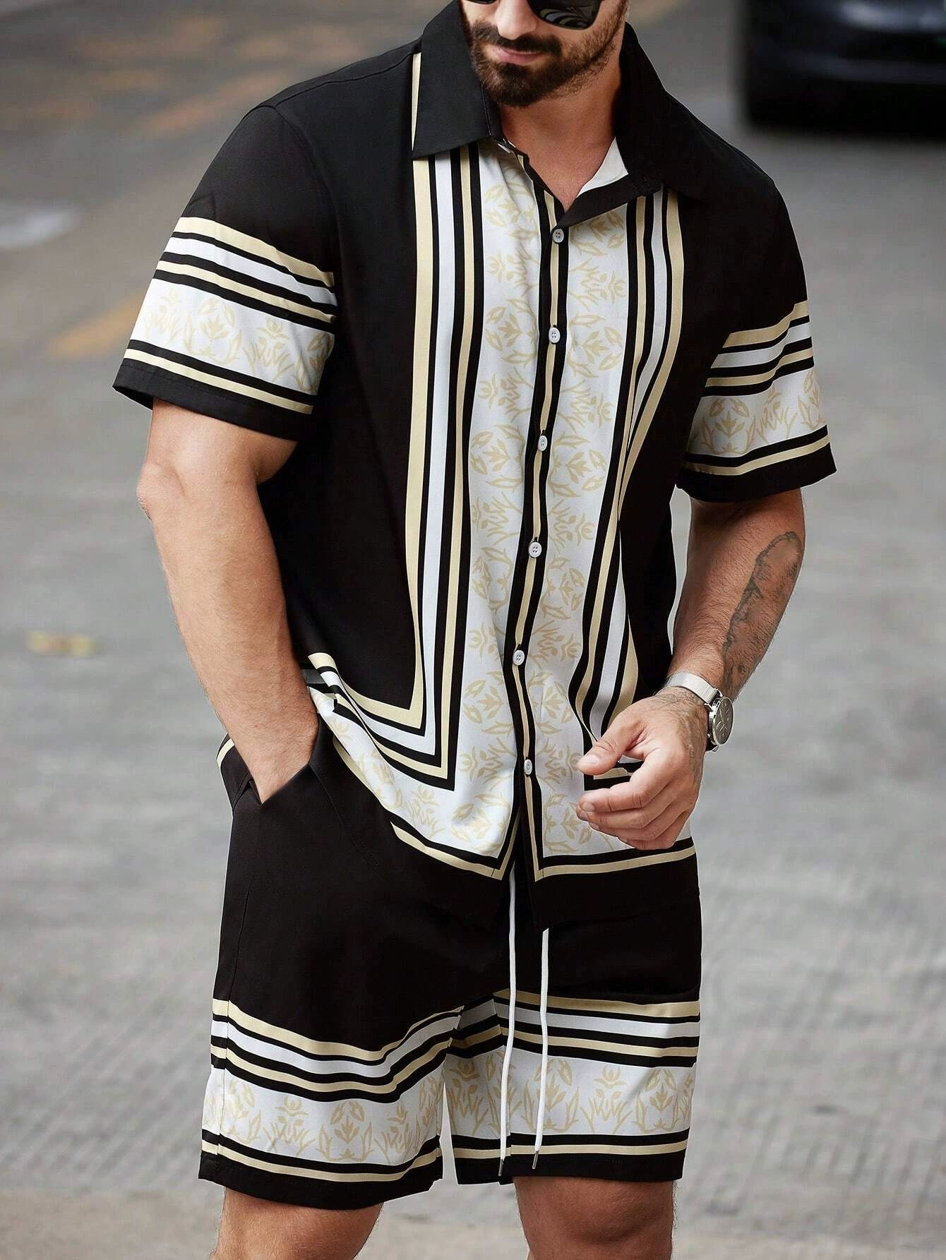 Men's Clothing Men's Striped Casual Digital Printing Suit Short Sleeved Shirt Men's Beach Pants Suit_voghion.com