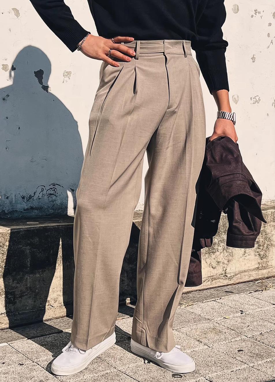 Men's Mid-Waist Trousers Men's Paris Button Design Double Pleated Loose Straight Silhouette Erge Trousers Non-ironing Casual Pants