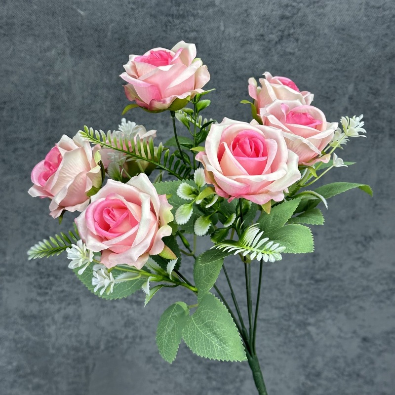 Simulación de 7 rosas rojas hechas a mano ramo de rosas bodas decoración del hogar decoración floral falsa adornos al por mayor
