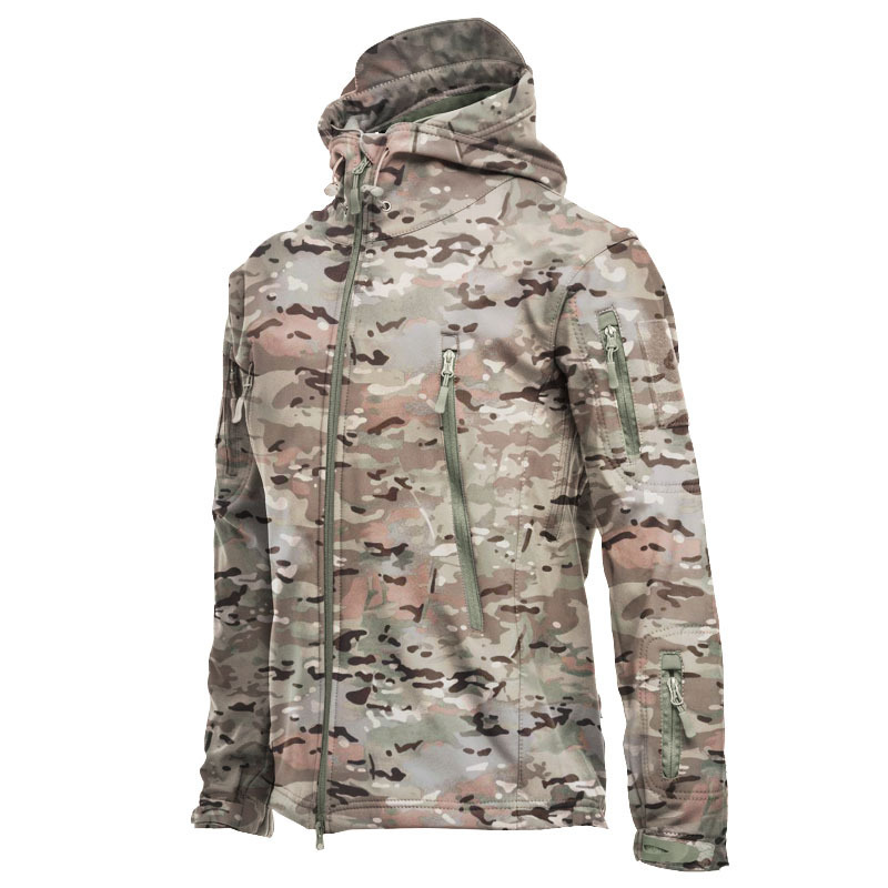 Fábrica directa chaqueta de asalto de cáscara blanda chaqueta de invierno con capuchón chaqueta de viento impermeable cuero cálido camuflaje escalada