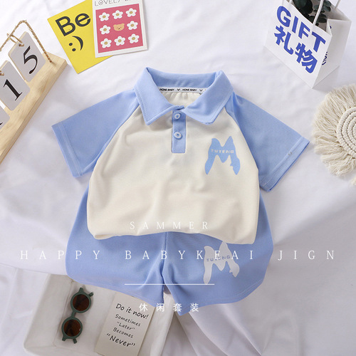 Children's polo shirt suit new Korean color matching summer short-sleeved shorts lapel casual sports set for boys and girls