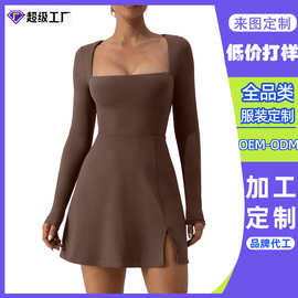 东莞工厂定制跨境秋冬方领紧身连衣裙长袖侧开衩喇叭迷你连衣裙