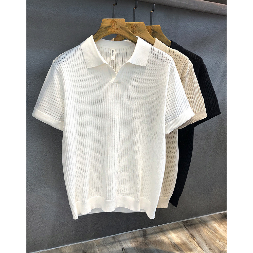 Camisas de polo de manga corta de estilo antiguo, camisetas de punto de cuello en V de hombre, camisetas de textura hueca de gaviota, fábrica de verano al por mayor. image 3