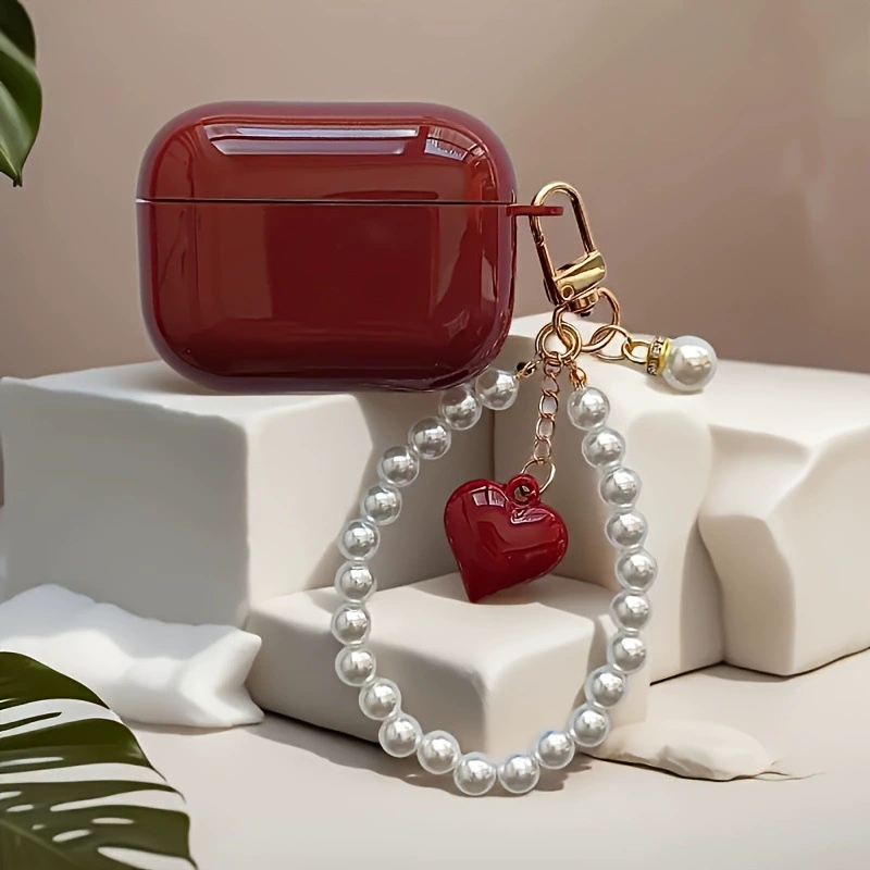 Fashionable and Simple Red Heart Pearl Chain Creative Apple Earphone Case Suitable for Airpods1/2/4 Pro1/2 Fashionable and Simple Red Heart Pearl Chain Creative Apple Earphone Case Suitable for Airpods1/2/4 Pro1/2