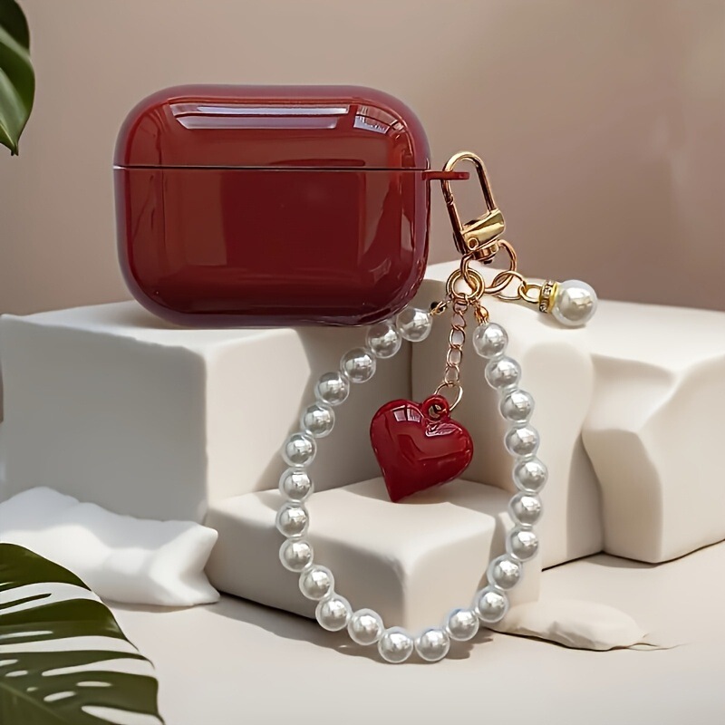 Fashionable and Simple Red Heart Pearl Chain Creative Apple Earphone Case Suitable for Airpods1/2/4 Pro1/2 Fashionable and Simple Red Heart Pearl Chain Creative Apple Earphone Case Suitable for Airpods1/2/4 Pro1/2