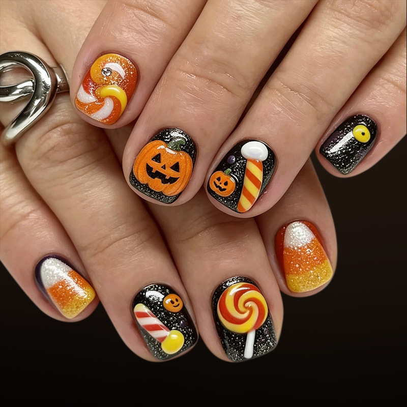 Short Glossy Square Nails with European and American Style Embossed Pumpkin, Lollipop, Corn, Candy, and Glitter Designs for Halloween, 24 Pieces Short Glossy Square Nails with European and American Style Embossed Pumpkin, Lollipop, Corn, Candy, and Glitter Designs for Halloween, 24 Pieces