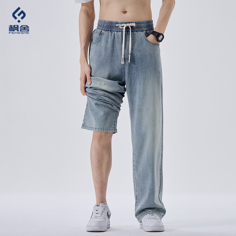 Fengshe Men's Wear/2025 Summer New Thin Jeans Loose Straight-Leg Drawstring Elastic Waist Cross Back Pocket Label