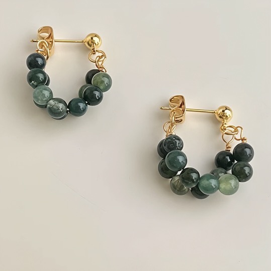 Chinese Style Natural Aquatic Agate Double-Layer Earrings, Artistic Retro New Chinese Style Fresh Spring Vintage Earrings