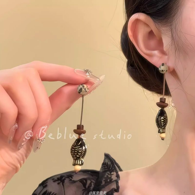 萍间戏月~新中式复古小鱼耳环女禅意耳钉古风小众设计感耳坠耳饰|undefined