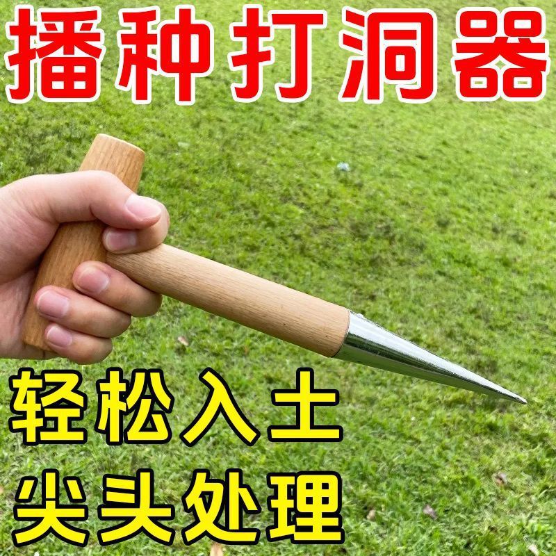 Seedling Transplanting and Fertilizing Tool, Stainless Steel Wooden Handle Hole Puncher, Seed Planting Device, Garden Succulent Seedling Hole Puncher