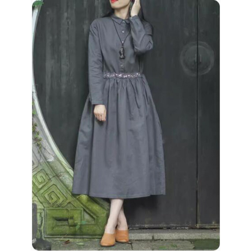 2024 spring new cotton and linen retro waist slimming elegant embroidered long over-the-knee long sleeve cotton and linen dress women