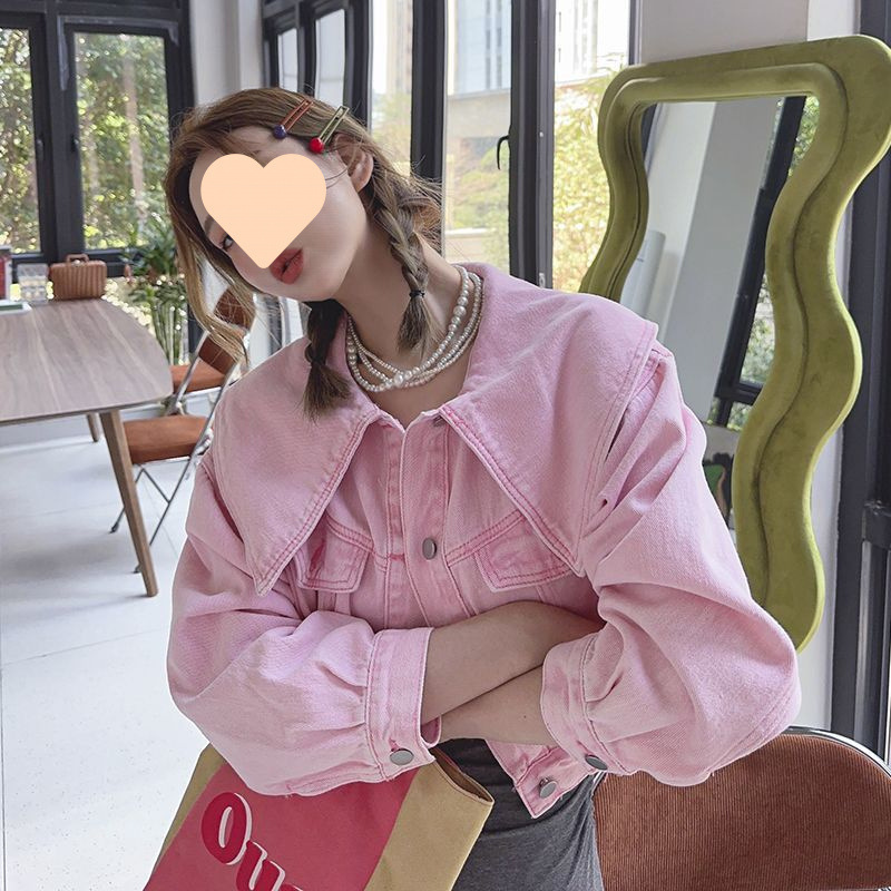 新款韩系娃娃领小香风网版牛仔布/棉外套女设计感小众短款潮|undefined