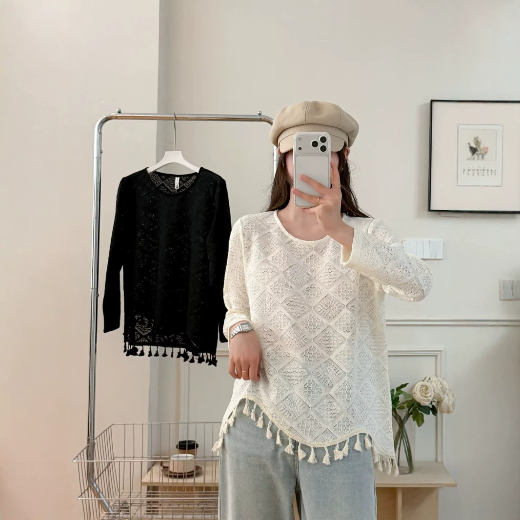 Plus Size Women's Elegant Diamond Pattern Hollow-Out Hem Tassel Knit Sweater Autumn Versatile Sweater 032669