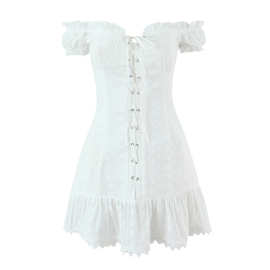 速卖通批发春季新款女装镂空刺绣一字领绑带气眼短袖短款连衣裙