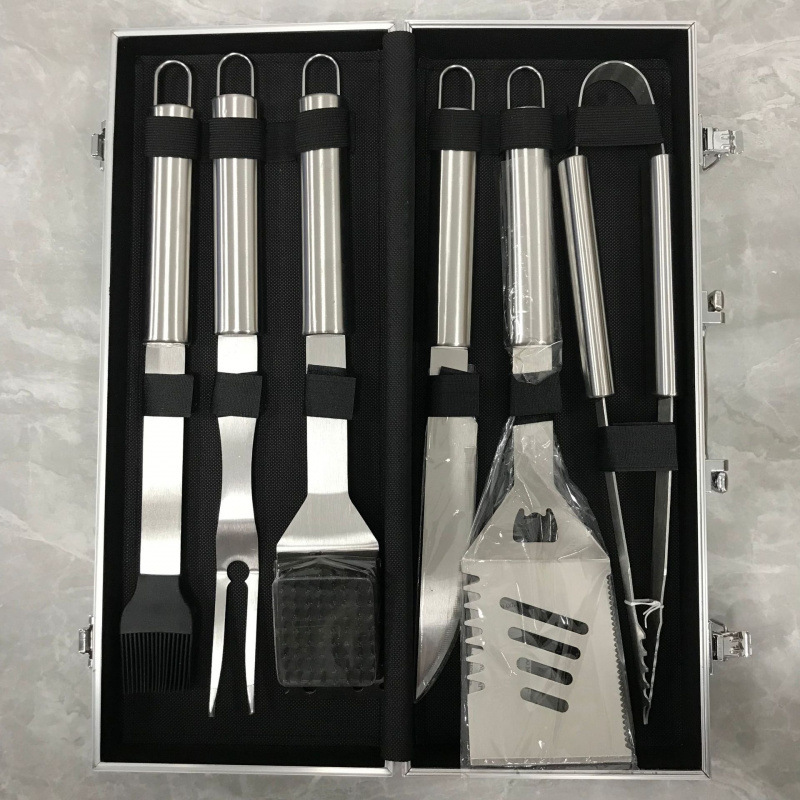 Nuevo acero inoxidable parrilla de aluminio conjunto de caja de parrilla de horquilla combinación de tenedor de pala clips de etiqueta parrilla de camping BBQ set