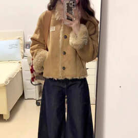 皮毛一体加绒加厚棉衣外套女冬季2025新款小个子翻领保暖短款上衣