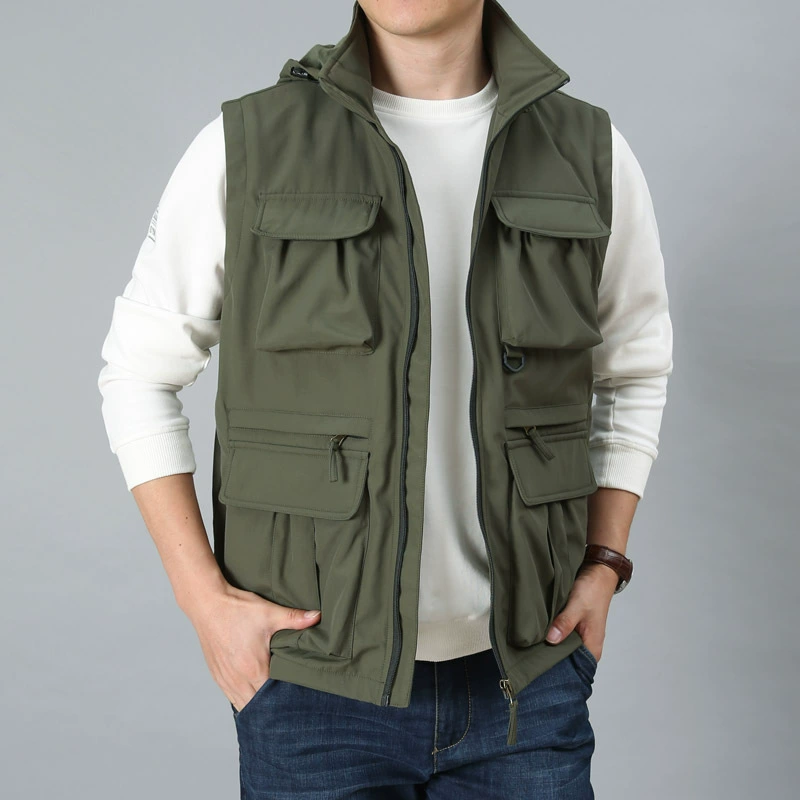 Оптовая продажа 2021 Зимний мужской жилет больших размеров на флисовой подкладке, повседневное пальто с капюшоном, повседневное пальто с несколькими карманами 8535