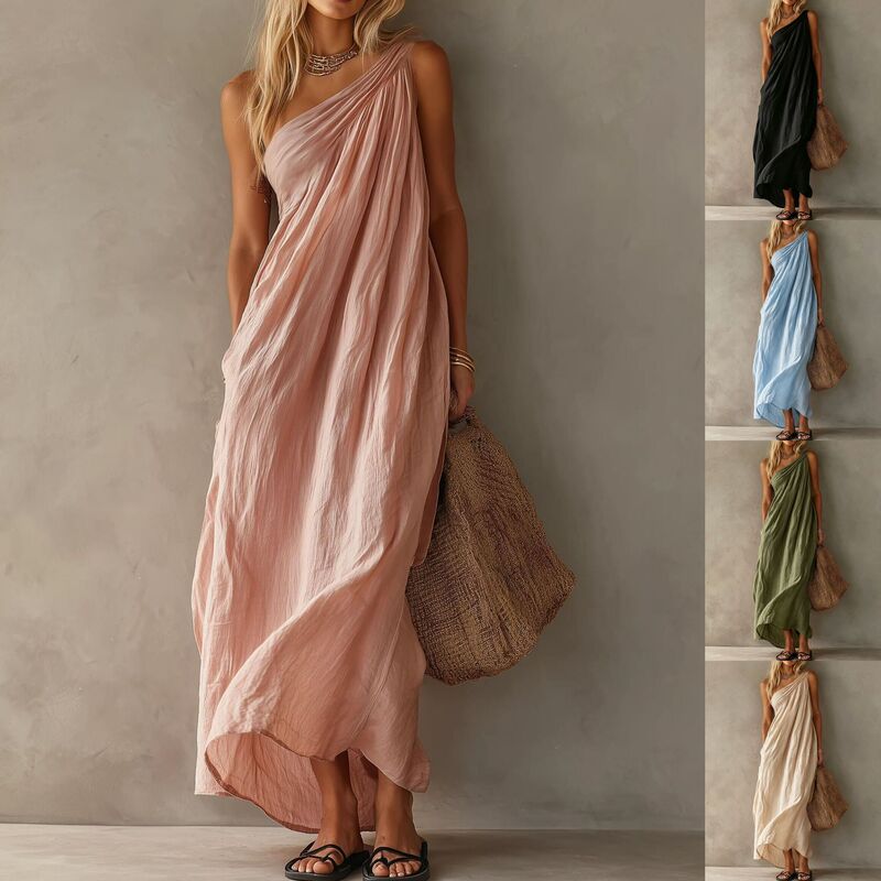 European and American Cross-Border 2026 Independent Site Foreign Trade Summer Fashion Elegant One-Shoulder Sleeveless Exquisite Long Dress Women's Clothing European and American Cross-Border 2026 Independent Site Foreign Trade Summer Fashion Elegant One-Shoulder Sleeveless Exquisite Long Dress Women's Clothing