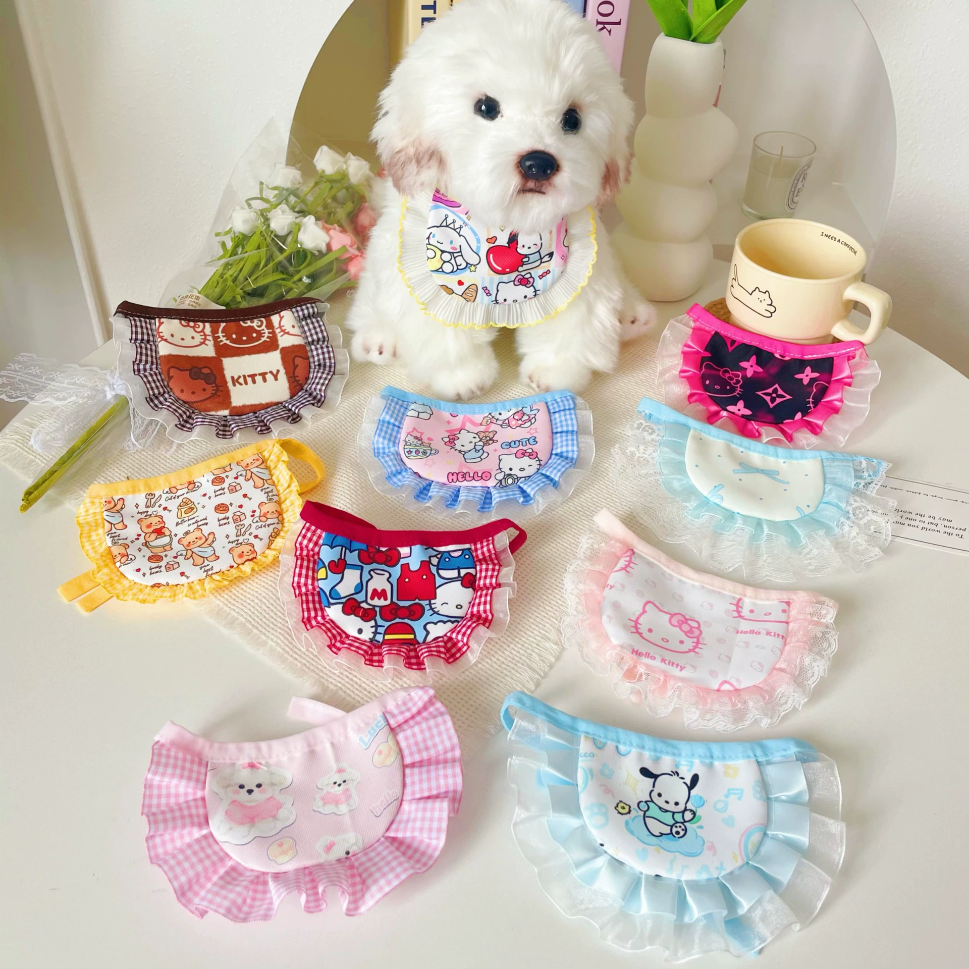 Нагрудник с рисунком котенка для домашних животных, кружевной нагрудник для кошек и собак, милое полотенце для слюны для маленьких и средних собак, оптовая продажа